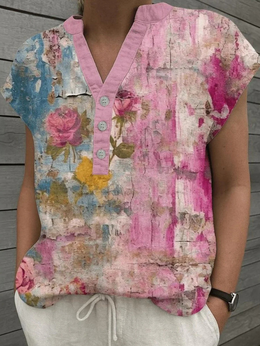 Modernes Kurzarm-Top mit Blumenmuster und V-Ausschnitt