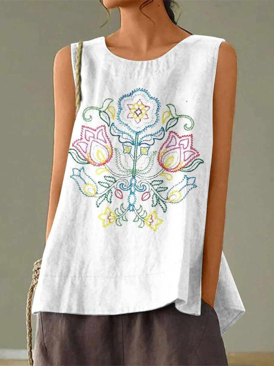 Floral Print Round Neck Sleeveless Tank Top