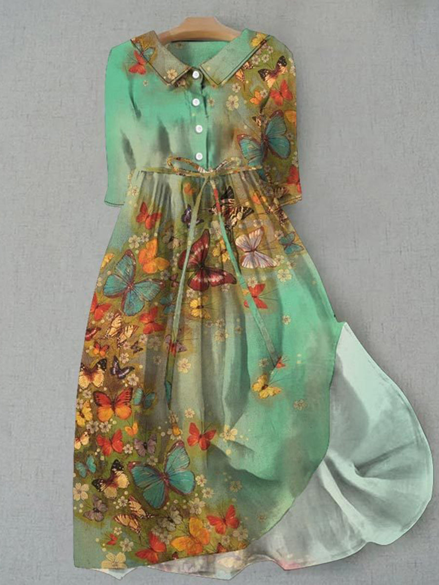 Robe rétro à imprimé papillon ombré et taille nouée, col à revers