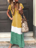 Robes maxi décontractées à manches courtes, col en V, rayures patchwork