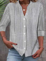 Gray Striped Casual Long Sleeve V Neck Blouse