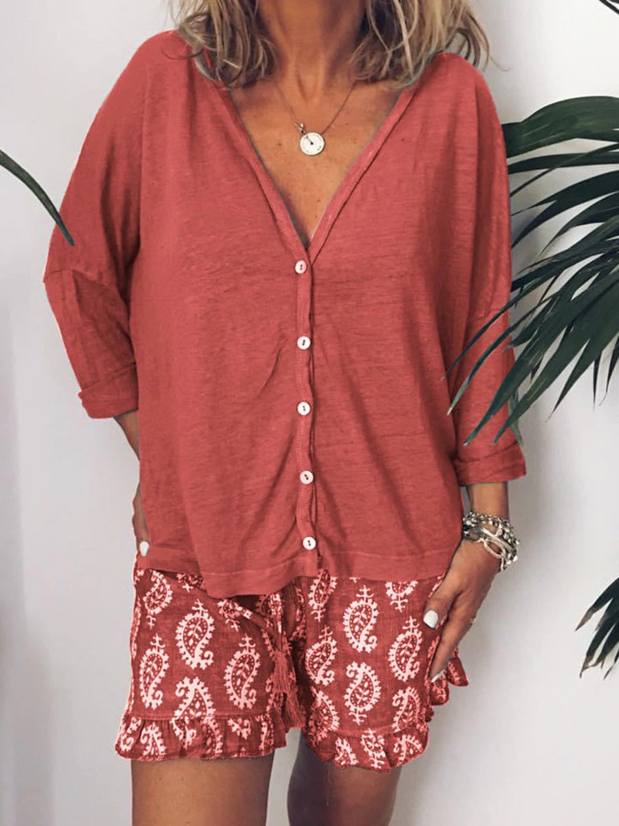 Ensembles deux pièces rouges décontractés à col en V imprimé et manches longues