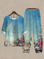 Ensemble deux pièces bleu décontracté à col rond et imprimé floral, idéal pour tous les jours