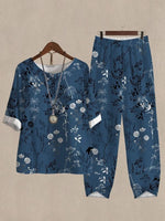 Navy Casual Round Neck Floral Printed Half Sleeve Two Piece Suit