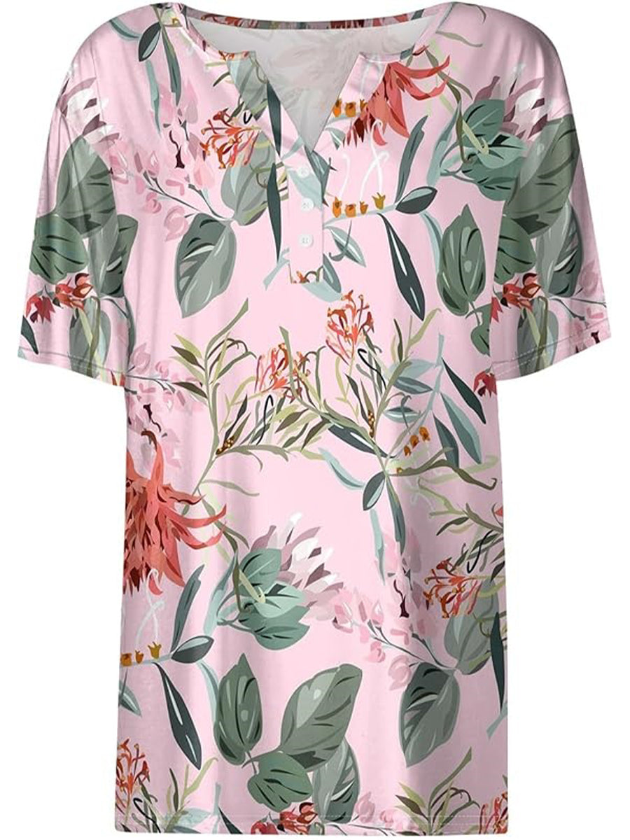 Casual Elegant T-shirt Short Sleeve V-Neck Printed Top