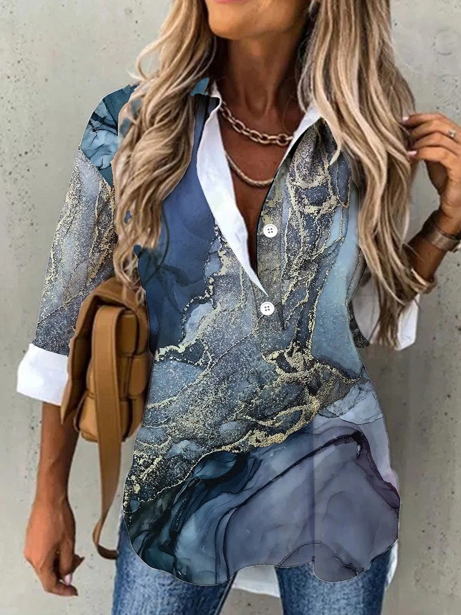 Langarmbluse mit Marmormuster und Reverskragen