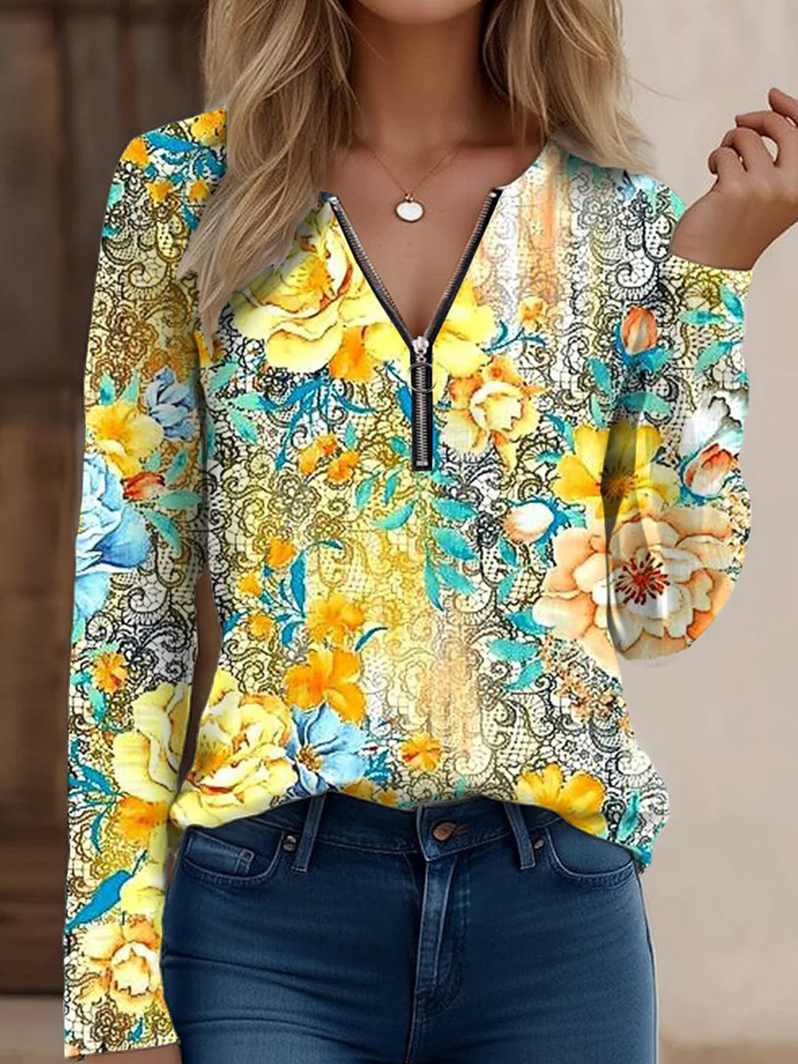 Haut à manches longues zippé à imprimé floral élégant et col en V