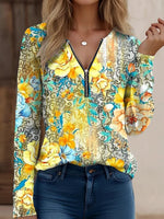 Haut à manches longues zippé à imprimé floral élégant et col en V