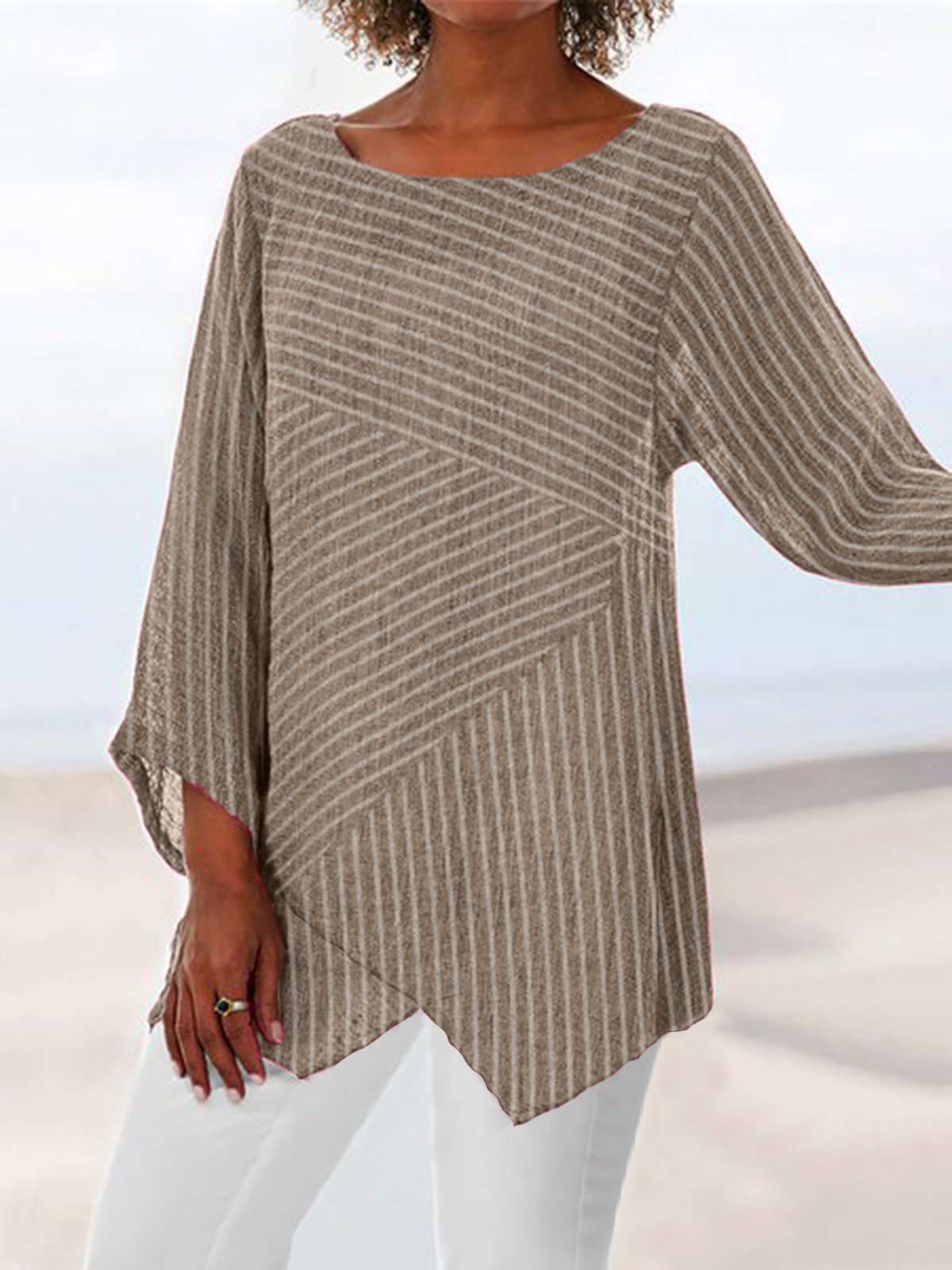 Crew Neck Long Sleeve Paneled Vacation Blouse