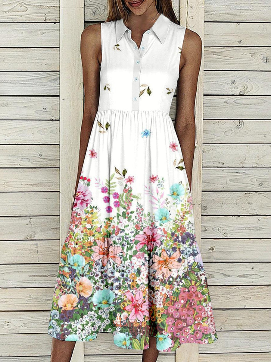 Women Sleeveless Lapel Floral Printed Graphic Button Pockets Maxi Dress