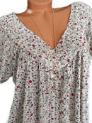 Print Floral Short Sleeve V-neck Blouse