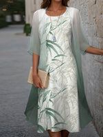 Crew Neck Half Sleeve Two Piece Set Chiffon Midi Dress