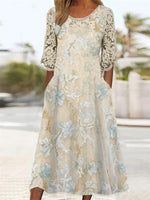 Robe midi à manches 3/4 et col rond pour femme, imprimée de fleurs et ornée de dentelle.