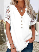 Solid Color V-neck Lace Short Sleeve White Blouse