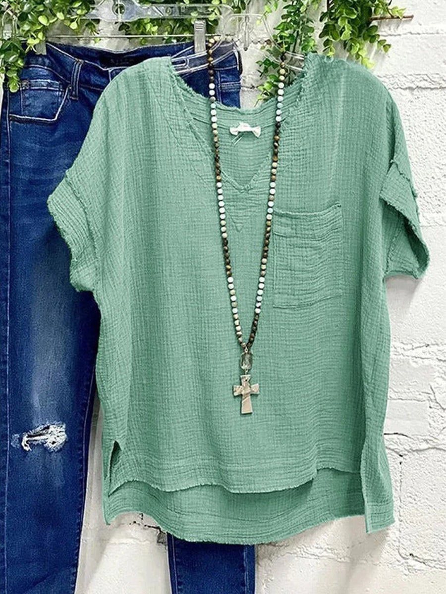 Lässiges grünes Kurzarm-Sommer-T-Shirt mit V-Ausschnitt und Tasche