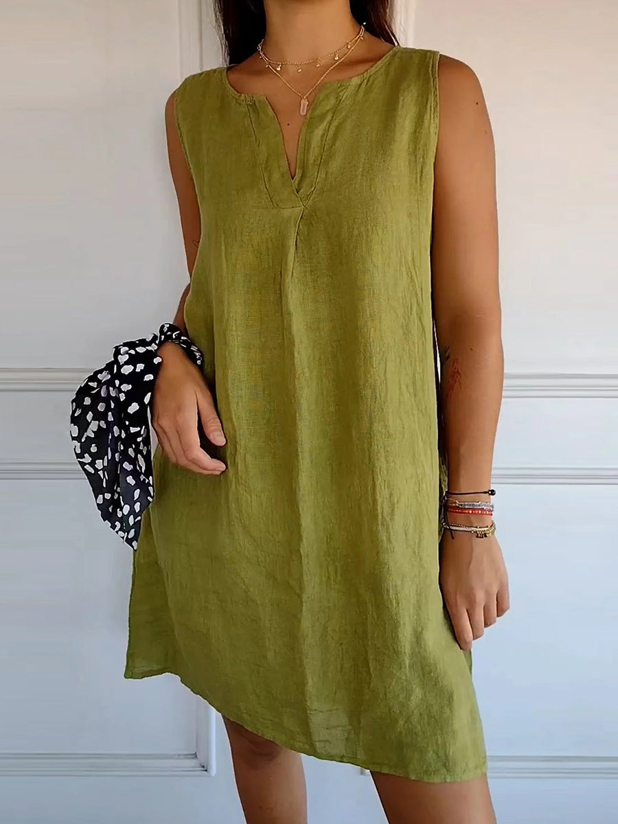 Robe d'été unie en coton et lin à col V