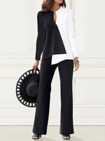 Ensembles deux pièces noirs décontractés à col en V et manches longues color block