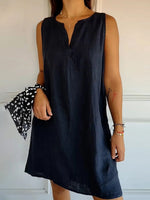 Robe d'été unie en coton et lin à col V