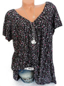 Print Floral Short Sleeve V-neck Blouse