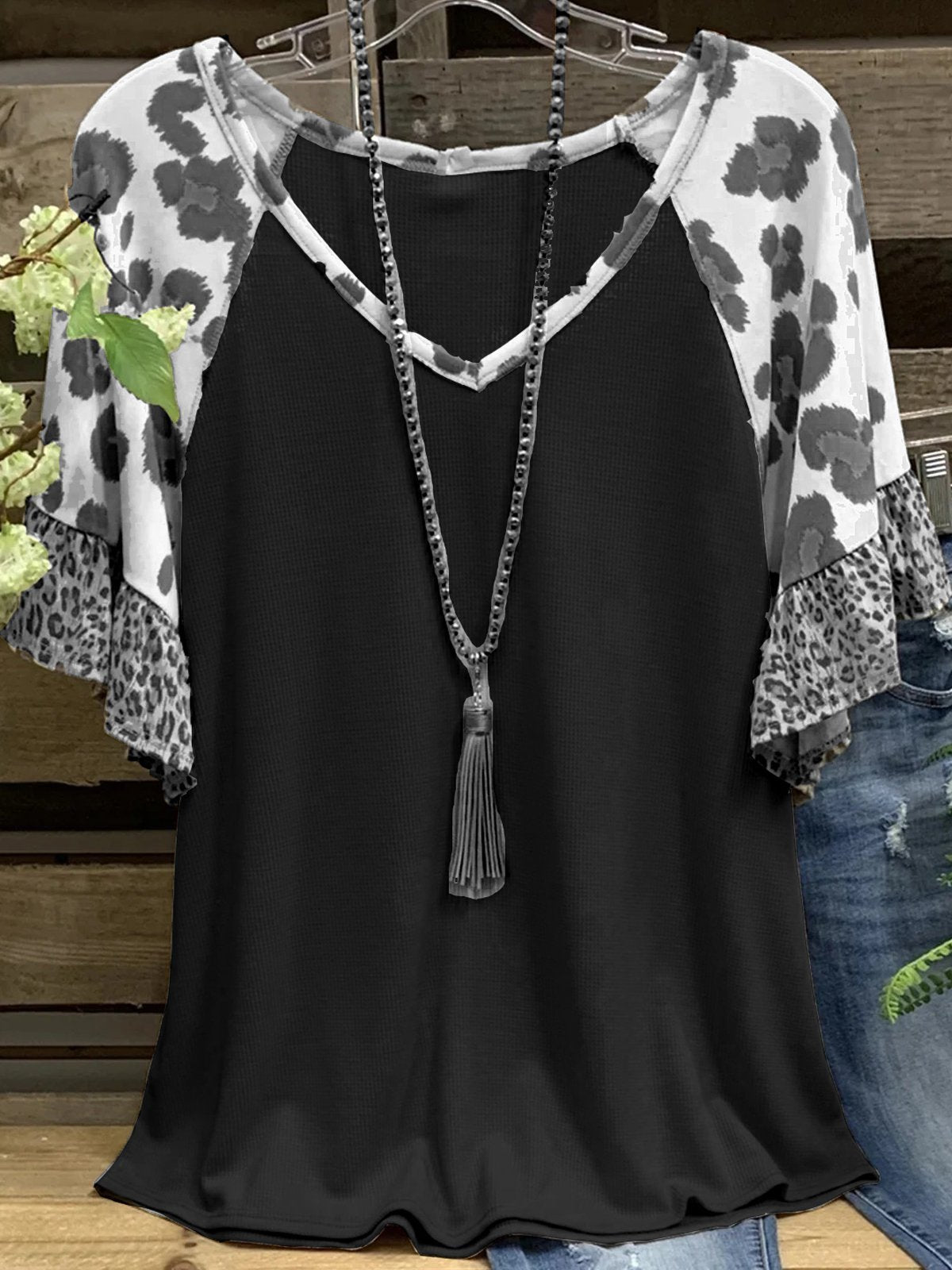 Lässige Kurzarmbluse mit Leopardenmuster