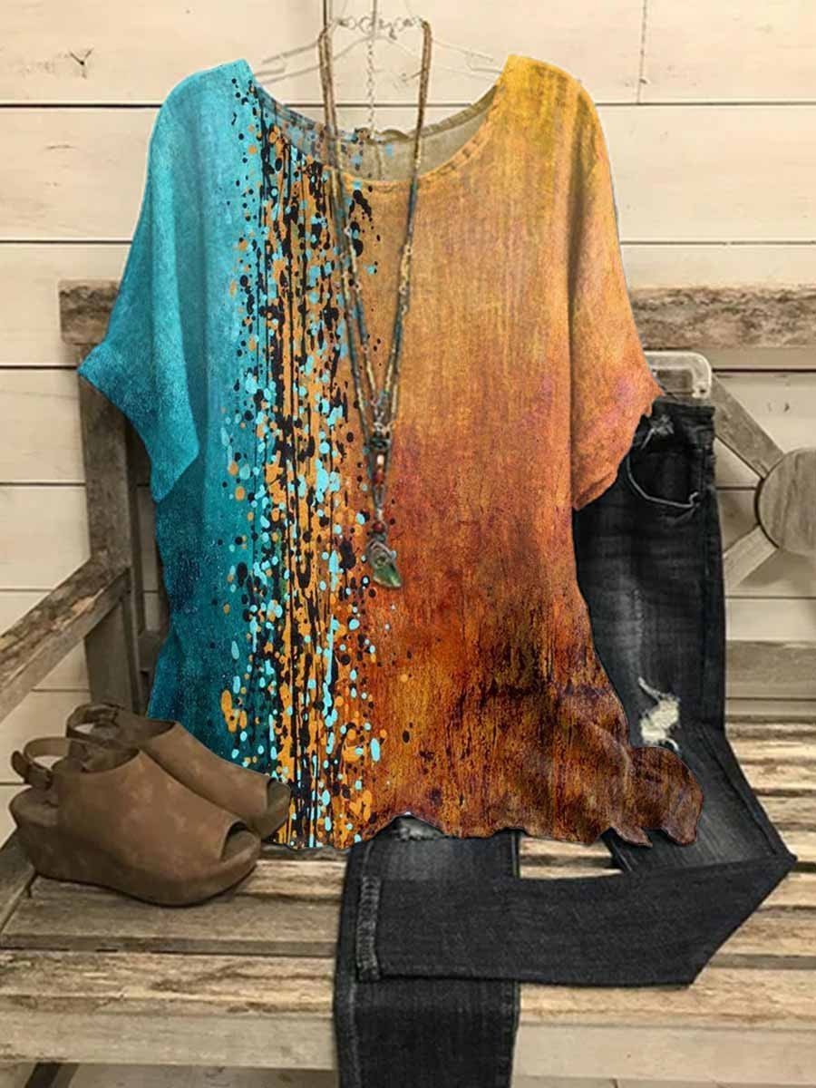 Colorful Casual Round Neck Half Sleeve Splicing Blouse