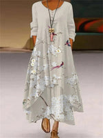 Lässiges Maxikleid mit Blumenmuster, Rundhalsausschnitt, langen Ärmeln und gestuftem Saum