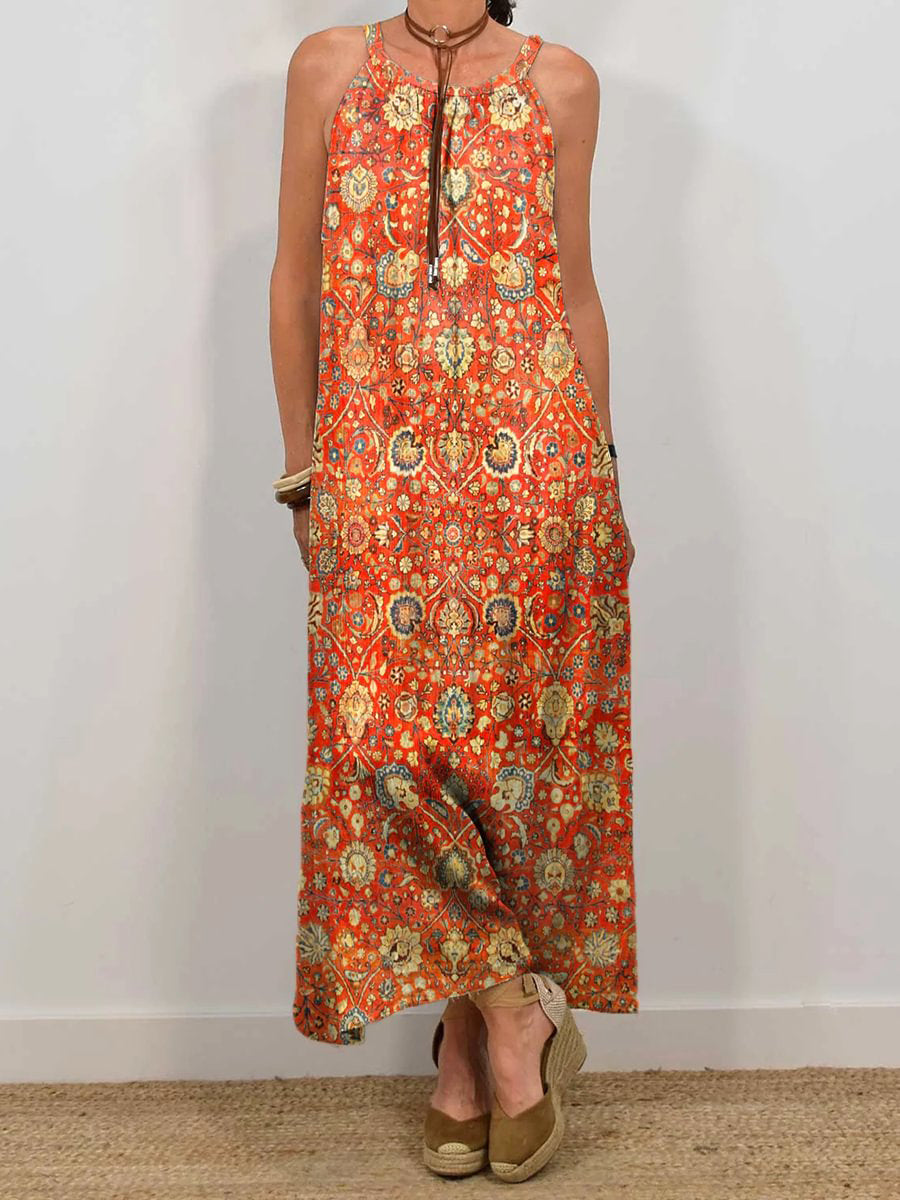 Robe sans manches à poches pour femme, imprimé ethnique bohème