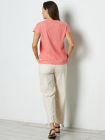 Hot Coral Feather Print V-neck Short Sleeve Blouse