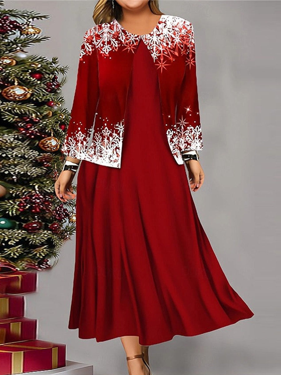 Robe deux pièces à manches longues et col rond imprimé flocons de neige