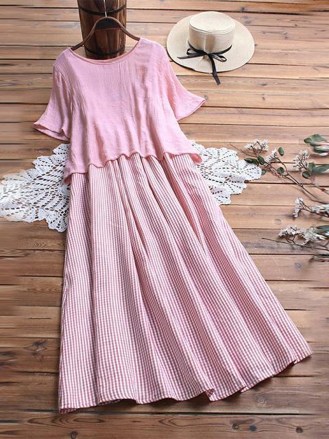 Short Sleeve Round Neck Plaid Casual Summer Two Piece Maxi Dress