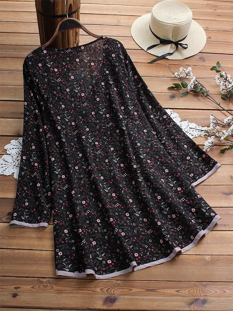 Women's Floral Print Patchwork Long Sleeve Irregular Hem Blouse