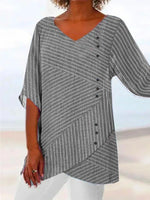 Gray Casual V Neck Stripe Printed Half Sleeve Blouse