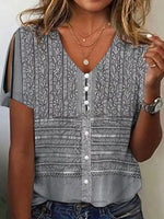 Floral V-Neck Button-Up Casual Short Sleeve Shirt