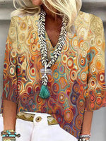 Chemisier jaune décontracté à col en V imprimé et manches 3/4