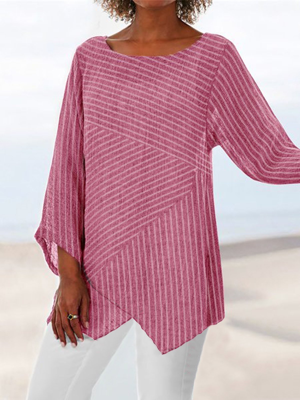 Crew Neck Long Sleeve Paneled Vacation Blouse
