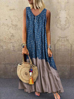 Floral Print Patchwork V-neck Sleeveless Maxi Dress