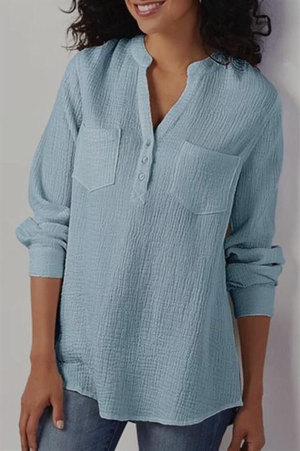 Solid Color Long Sleeve V-neck Loose Button Shirt