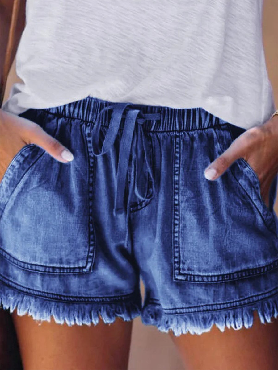 Lässige Jeansshorts mit Kordelzug, hohem Bund und Fransen