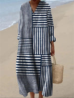 Stripe Print V-neck Long Sleeve Loose Maxi Dress