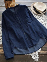 Leisure Stand Up Collar Washed Denim Irregular Long Sleeved Shirt