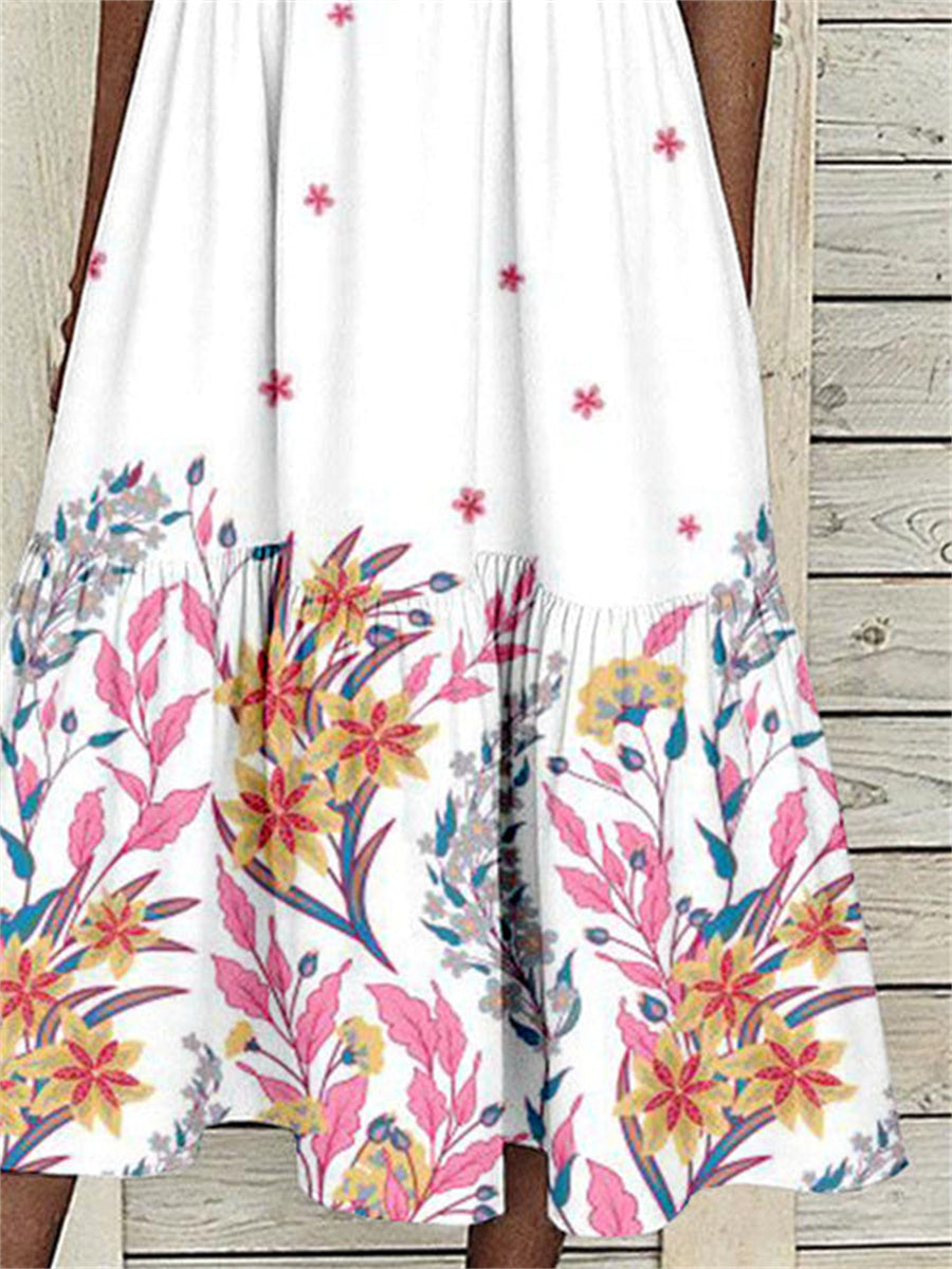 Robe maxi sans manches pour femme, à revers, imprimé floral, poches boutonnées et boutons.