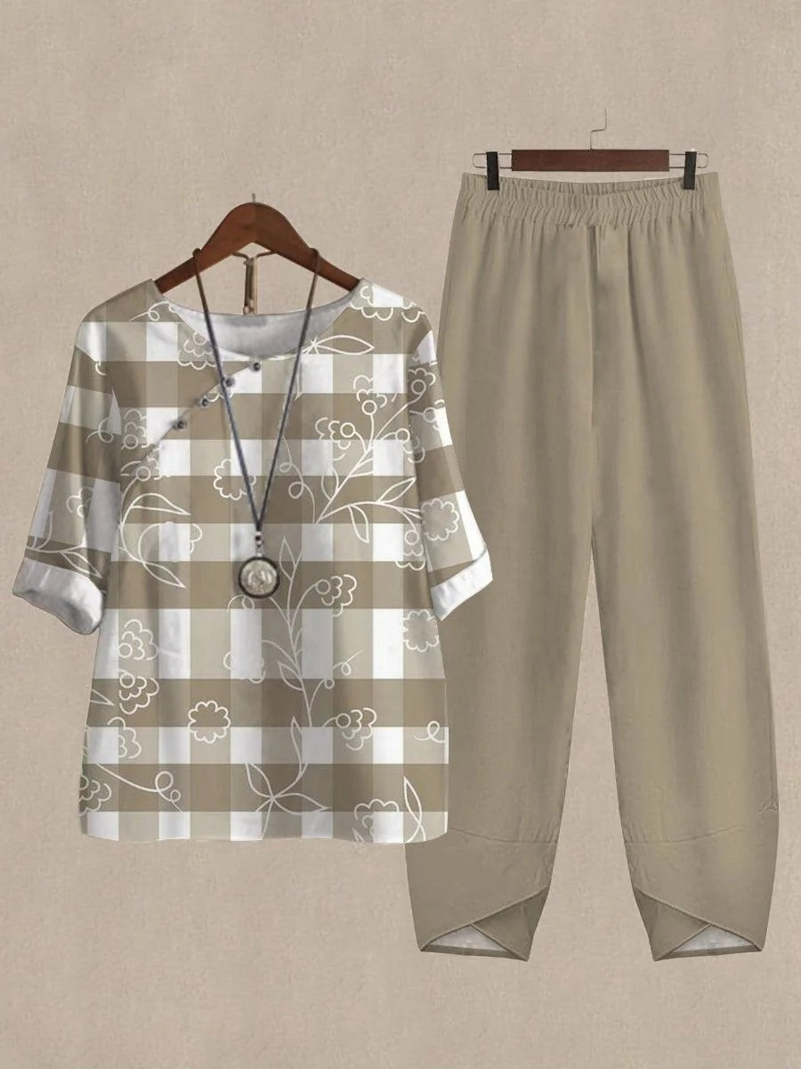 Khaki Casual Plaid Floral Printed Half Sleeve Two Piece Sets