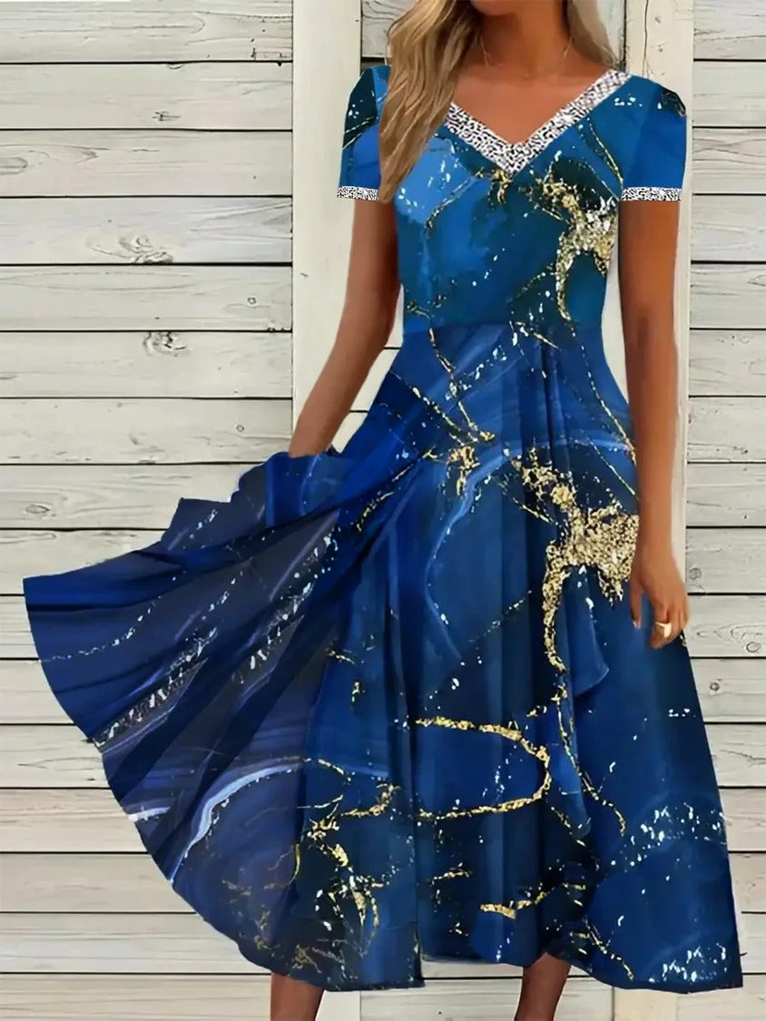 Deep Blue Casual V Neck Printed Short Sleeve Dress