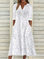 Elegant V-Neck Button-Down Lace Floral Cotton Maxi Dress with Pockets