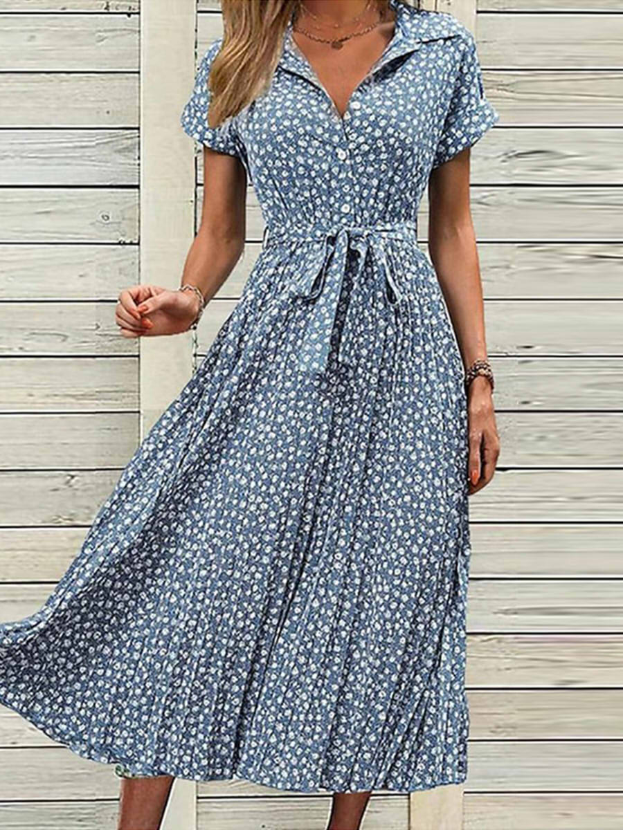 Robe midi élégante à col chemise et manches courtes à imprimé floral