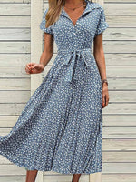 Robe midi élégante à col chemise et manches courtes à imprimé floral