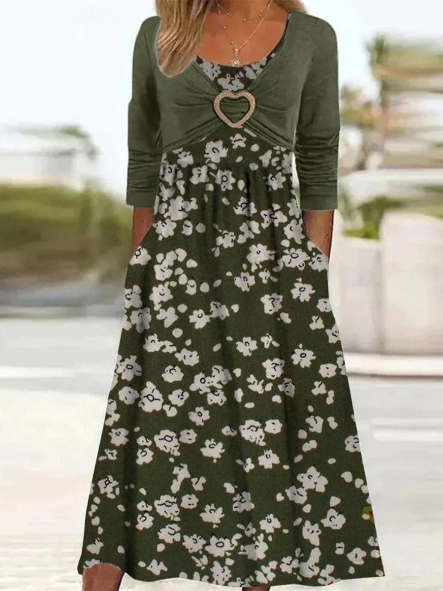 Green Casual Round Neck Floral Printed Long Sleeve Dresses