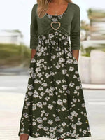 Green Casual Round Neck Floral Printed Long Sleeve Dresses
