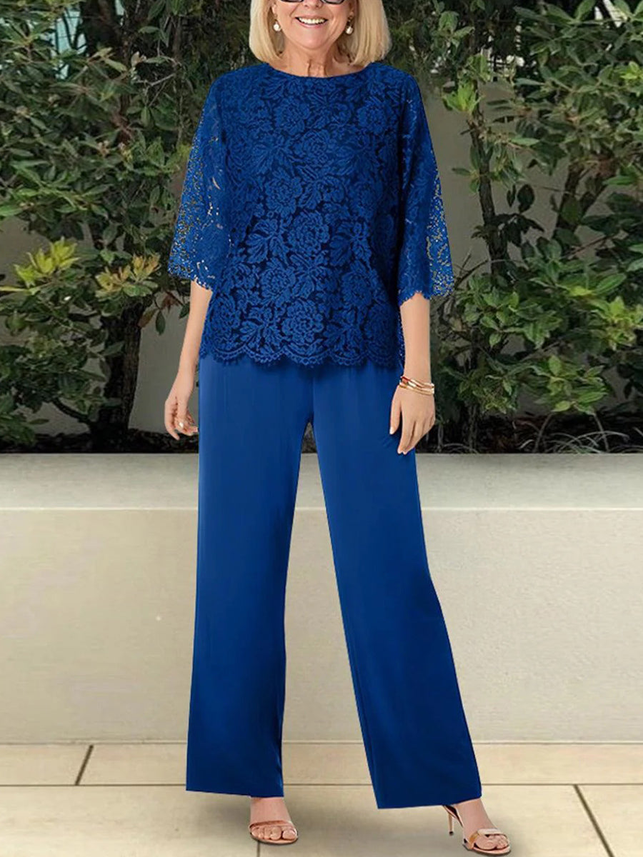 Zweiteiliges Set aus blauem Oberteil mit Rundhalsausschnitt und 3/4-Ärmeln