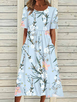 Crew Neck Floral Short Sleeve Woven Midi Dress